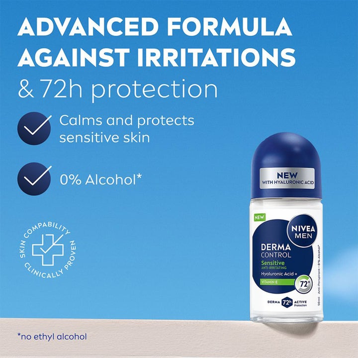 NIVEA MEN Sensitive Protect 50 ml roll-on-deodorantti antaa 72 tunnin suojan. Lasipullo sisältää hyaluronihappoa.