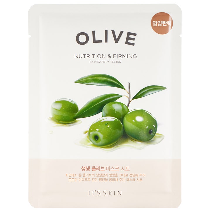 It's Skin Olive Nutrition & Firming 1 kpl ravitseva ja kiinteyttävä kangasnaamio, vaalea pakkaus vihreillä oliiveilla.