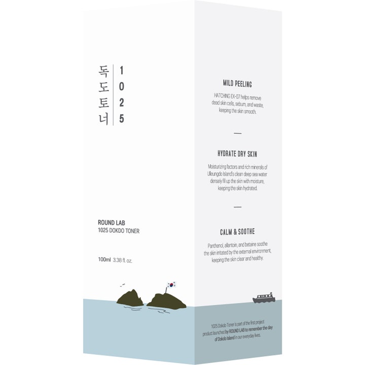 Round Lab 1025 Dokdo Toner 100 ml kosteuttava kasvovesi valkoisessa pakkauksessa, jossa on saarikuvioitus.