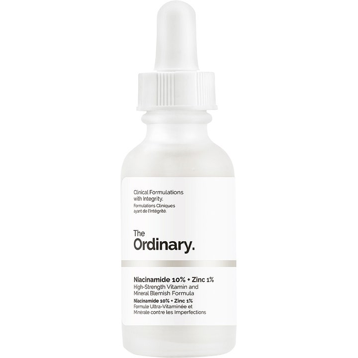 The Ordinary Niacinamide 10% + Zinc 1% 30 ml epäpuhtauksia vähentävä seerumi huurretussa lasipullossa valkoisella pipetillä