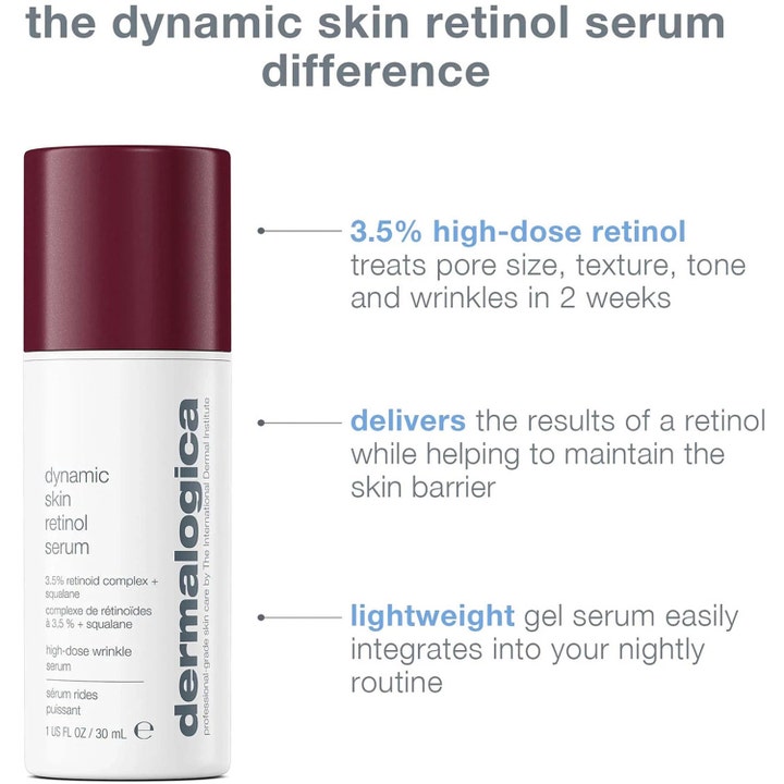 Dermalogica Dynamic Skin Retinol Serum 30 ml silottava seerumi ja infograafi tuotteen hyödyistä