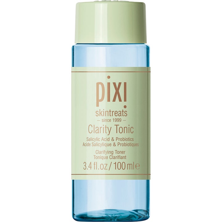 Pixi Clarity Tonic 100 ml kirkastava kasvovesi sisältää salisyylihappoa vaaleansinisessä pullossa vihreällä korkilla.