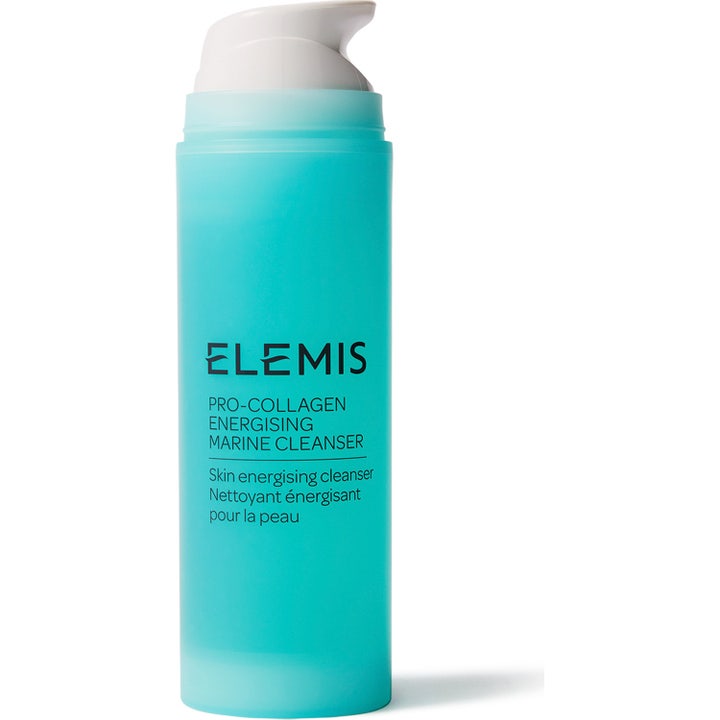 Elemis Pro-Collagen Energising Marine Cleanser energisoiva puhdistusgeeli turkoosissa pullossa valkoisella pumpulla