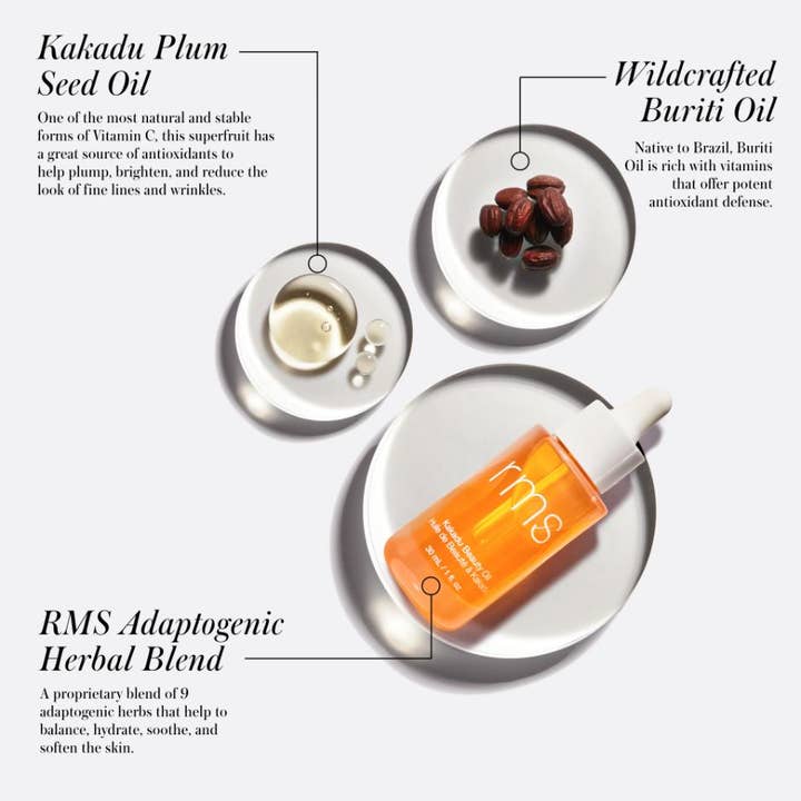 RMS Beauty Kakadu Beauty Oil 30 ml kirkastava ansiktsöljy oranssissa pipettipullossa Buriti-siementen ympäröimänä