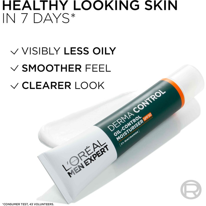 L'Oréal Paris Men Expert Derma Control 40 ml kosteusvoide ja SPF30 sisältävä koostumus valkoisena tekstuurina.