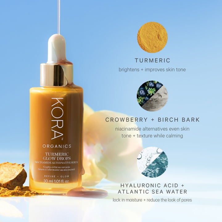 KORA Organics Turmeric Glow Drops 30 ml kirkastava seerumi keltaisessa lasipullossa, jossa on kurkumaa ja pipetti.