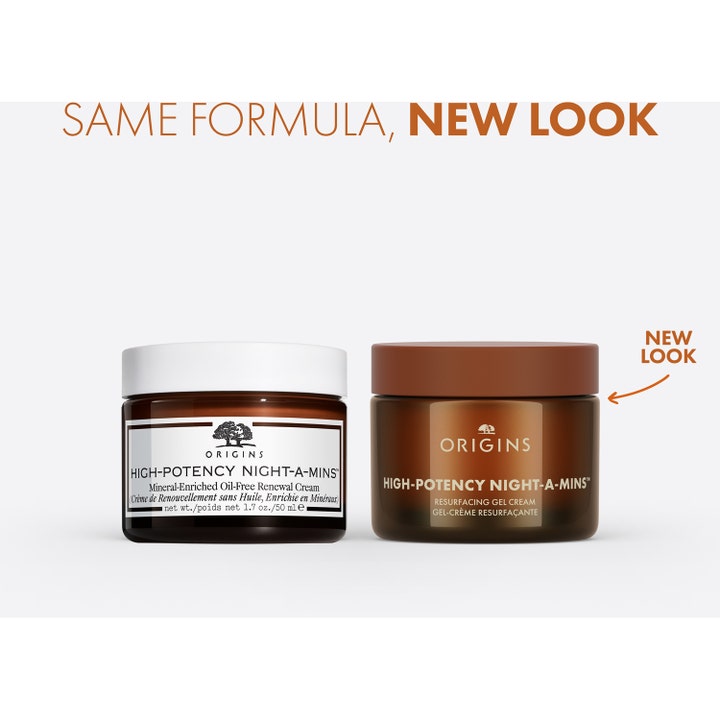 Origins High-Potency Night-A-Mins 50 ml uudistava yövoide ruskeassa lasipurkissa vertailuna vanhaan pakkaukseen.