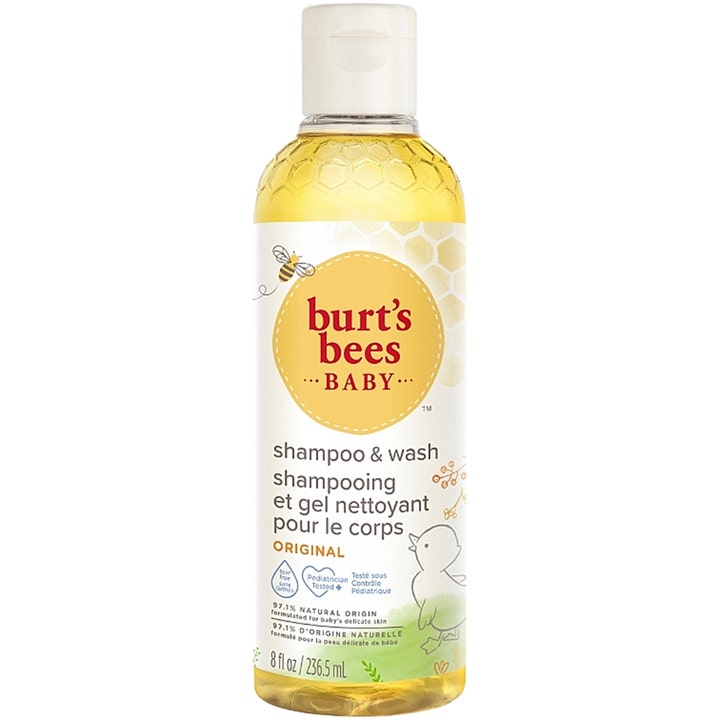 Burt's Bees Baby Shampoo & Wash 236,5 ml puhdistava vauvanpesuaine kirkkaassa pullossa keltaisella nesteellä.