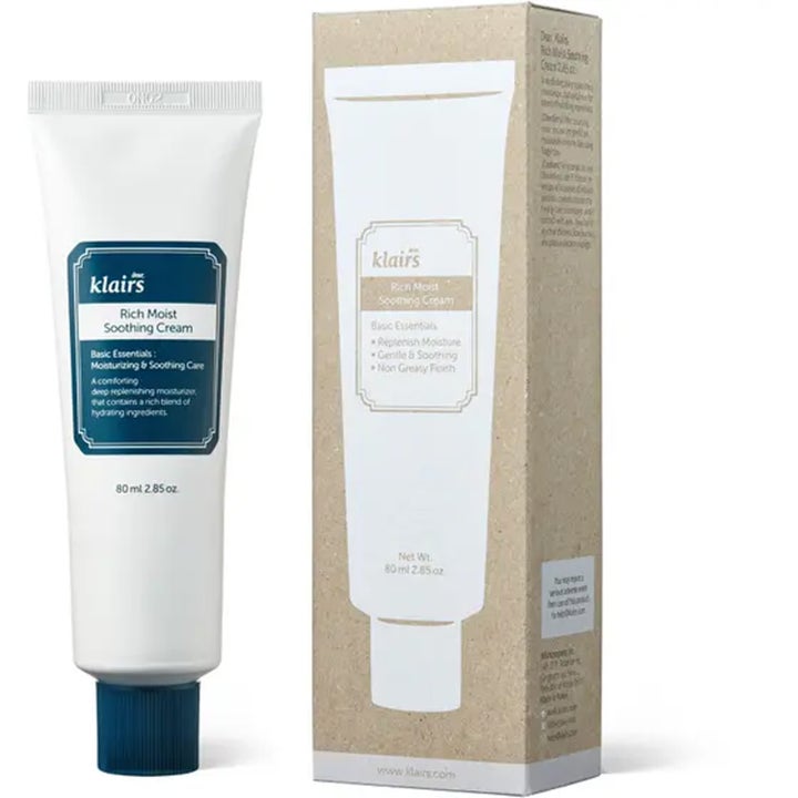 Klairs Rich Moist Soothing Cream 80 ml rauhoittava ja kosteuttava kasvovoide tuubissa ja pahvipakkauksessa.