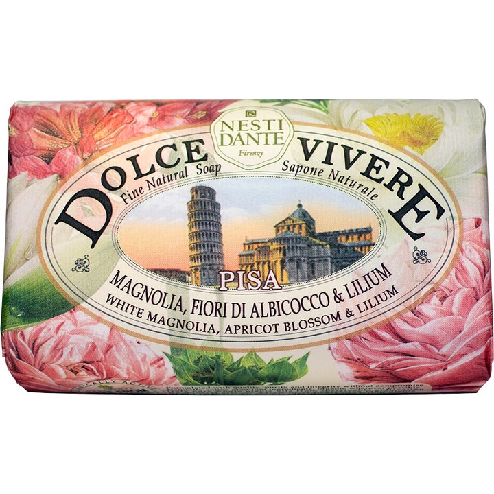 Nesti Dante Dolce Vivere Pisa 250 g puhdistava palasaippua kukkakuvioisessa kääreessä jossa on Pisan tornin kuva