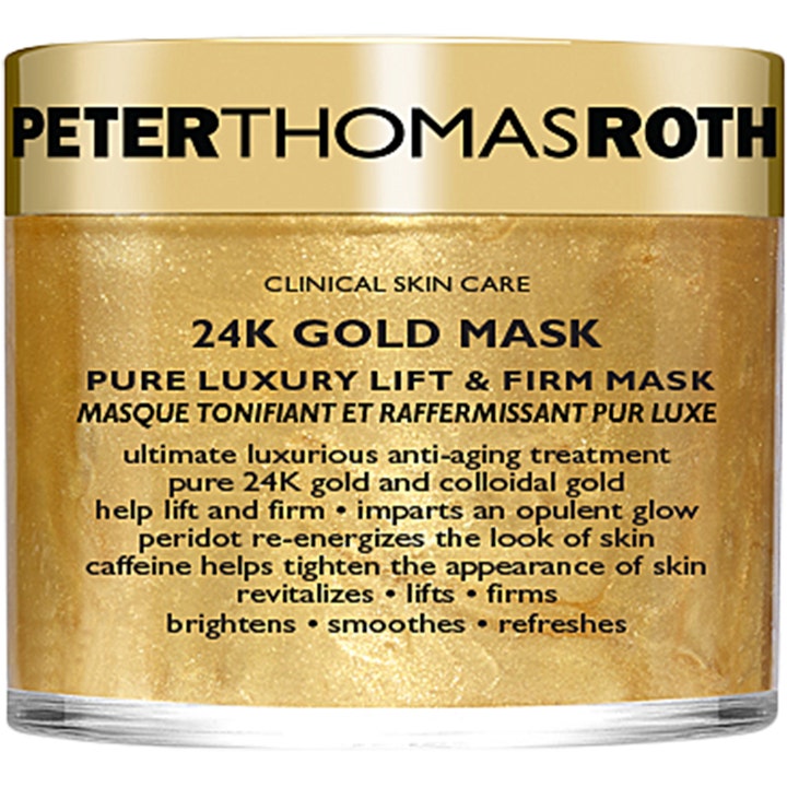 Peter Thomas Roth 24K Gold Mask kiinteyttävä kasvonaamio kultaisessa lasipurkissa jossa on hohtava kultainen koostumus.