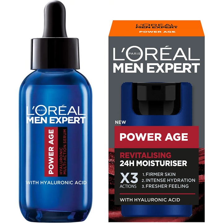 L'Oréal Men Expert Power Age hyaluronihapposeerumi sinisessä lasipullossa ja elvyttävä voide harmaassa pakkauksessa.