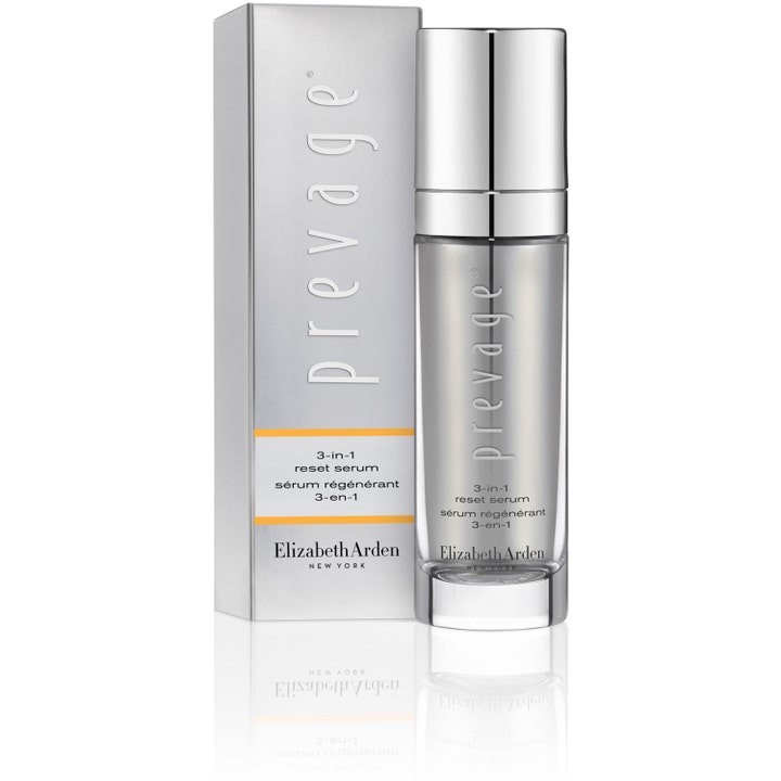 Elizabeth Arden Prevage 3-in-1 Reset Serum 30 ml kirkastava seerumi hopeisessa pullossa ja pakkauksessa