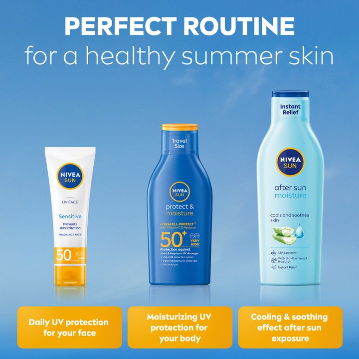 NIVEA Sun Protect & Moisture Lotion SPF50+ 100 ml kosteuttava aurinkovoide sinisessä pullossa osana kolmen vaiheen rutiinia.