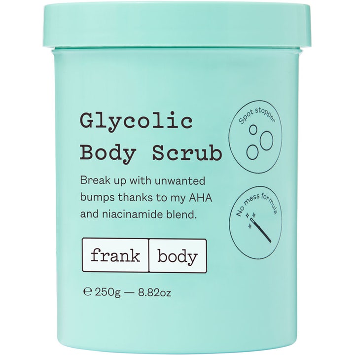 Frank Body Glycolic Body Scrub 250g silottava vartalokuorinta mintunvihreässä muovipurkissa sisältää AHA-happoa.