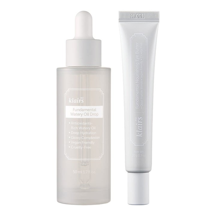 Klairs Fundamental Watery Oil Drop 50 ml ja Eye Butter 20 g kosteuttava kasvoöljy pipettipullossa ja ravitseva silmänympärysvoide.