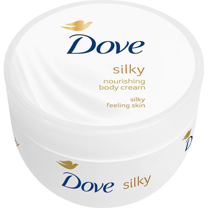 Dove Silky Nourishing 300 ml ravitseva vartalovoide silkkiselle iholle valkoisessa purkissa kultaisilla yksityiskohdilla.