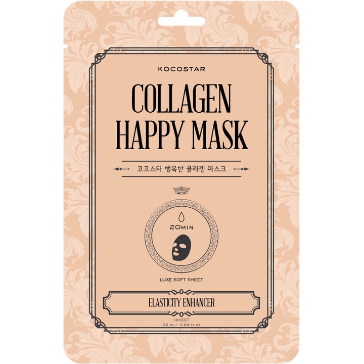 Kocostar Collagen Happy Mask 25 ml kiinteyttävä kangasnaamio persikansävyisessä pakkauksessa, jossa on mustia ornamentteja.