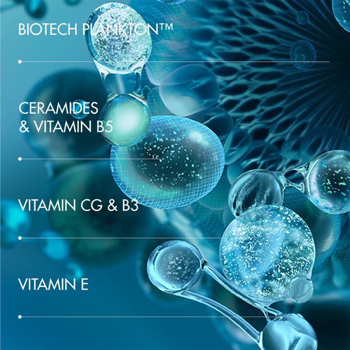 Biotherm Aquapower Advanced Gel 30 ml kosteuttava kasvogeeli ja Biotech Plankton ainesosia sinisissä kuplissa.