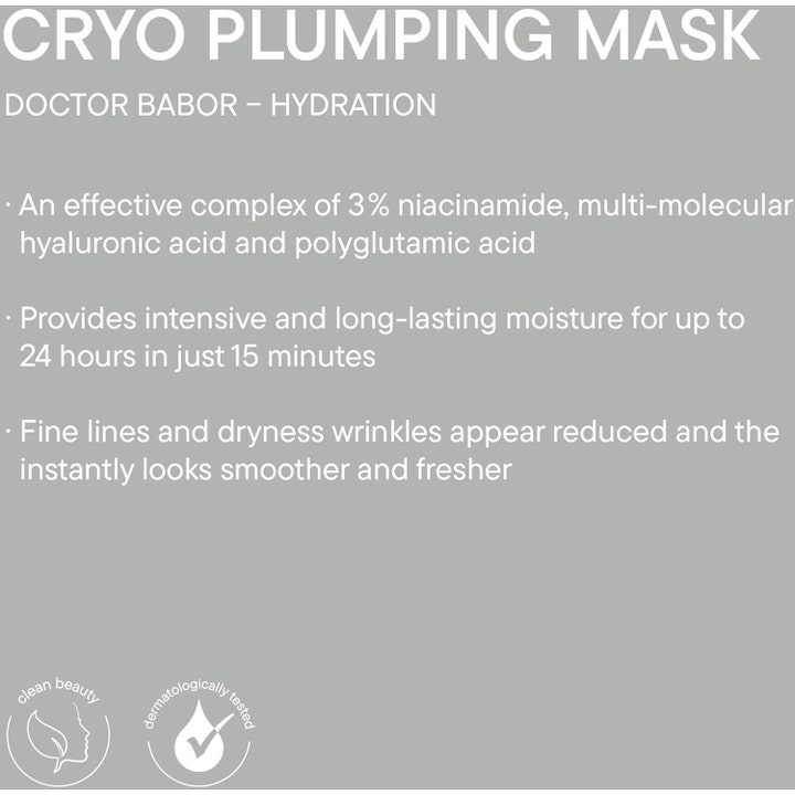 Babor DOC Cryo Plumping Mask 1 kpl kosteuttava kasvonaamio harmaalla taustalla, jossa on tietoa niasiiniamidista.