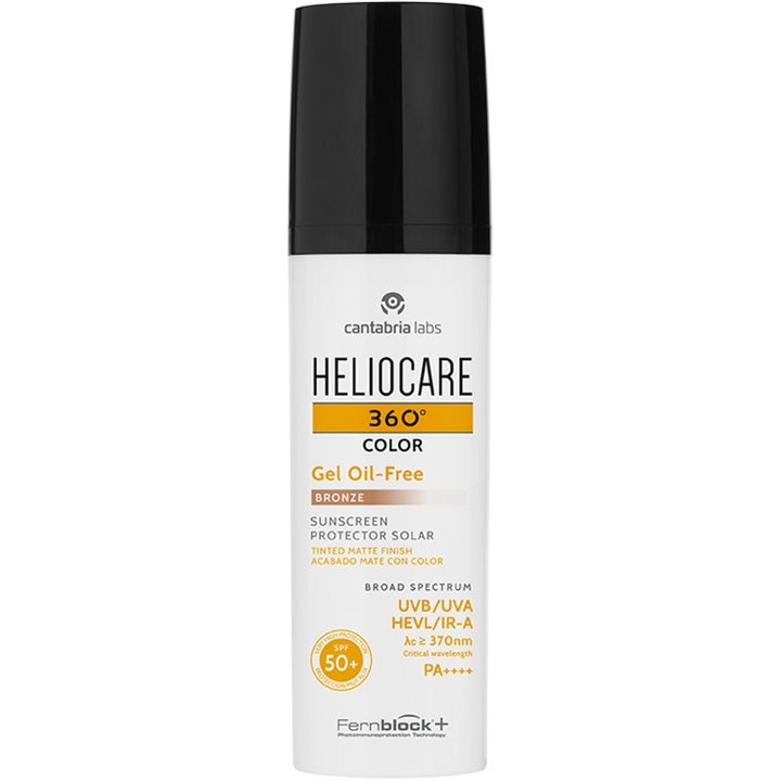 Heliocare 360° Color Gel Oil-Free Bronze aurinkosuojageeli SPF 50+ antaa mattapinnan valkoisessa mustakorkkisessa pullossa.