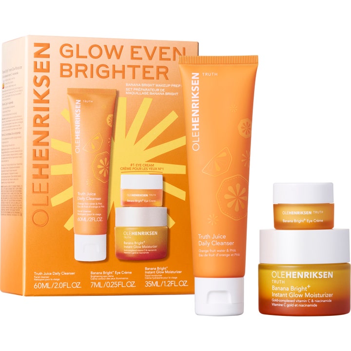 OleHenriksen Glow Even Brighter 3 kpl ihonhoitosetti kirkastaa ihoa C-vitamiinilla oransseissa pakkauksissa.