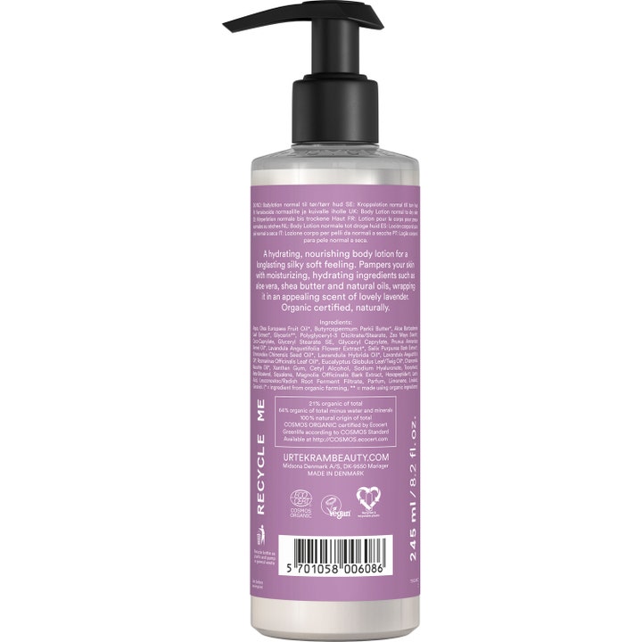 Urtekram Body Lotion Soothing Lavender 245 ml rauhoittava vartalovoide violetissa pumpullisessa pullossa takaa