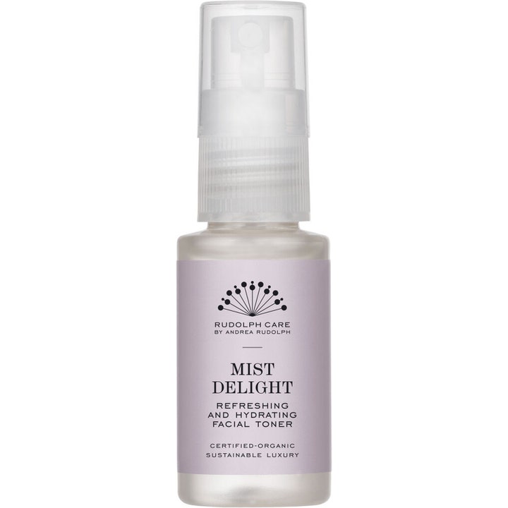 Rudolph Care Mist Delight virkistävä ja kosteuttava kasvovesi suihkepullossa vaaleanliilalla etiketillä.