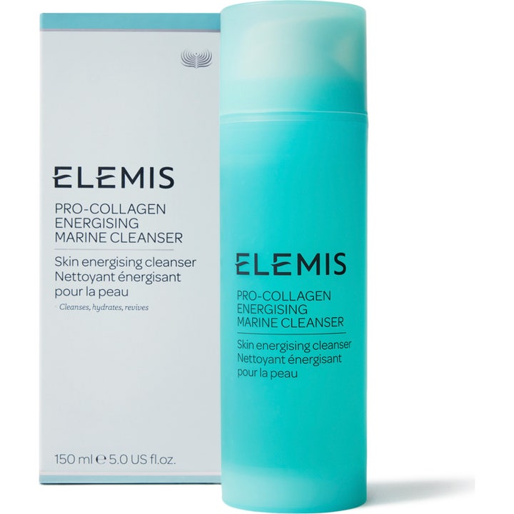 Elemis Pro-Collagen Energising Marine Cleanser 150 ml puhdistusgeeli vaaleansinisessä pullossa ja valkoisessa pakkauksessa.