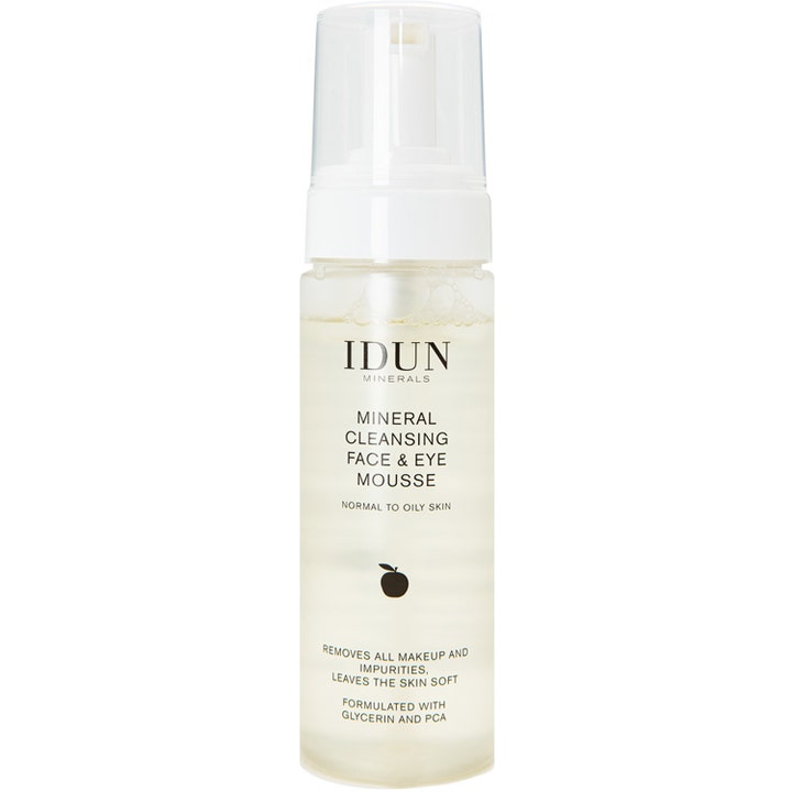 IDUN Minerals Mineral Cleansing Face & Eye Mousse puhdistusvaahto poistaa meikin kirkkaassa valkoisessa pumppupullossa.