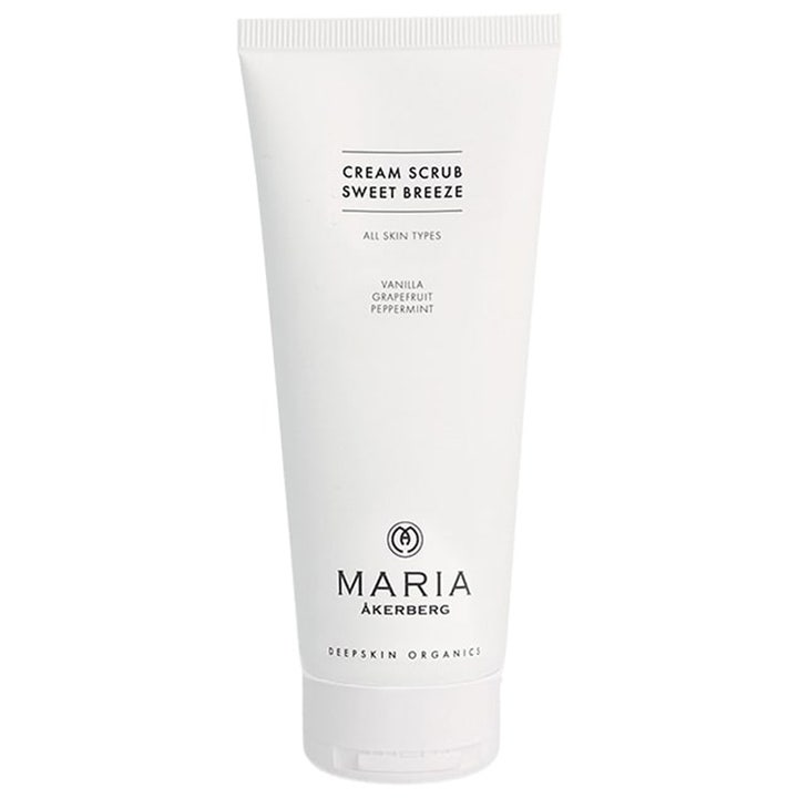 Maria Åkerberg Cream Scrub Sweet Breeze 200 ml kirkastava kuorintavoide valkoisessa tuubissa mustalla tekstillä.