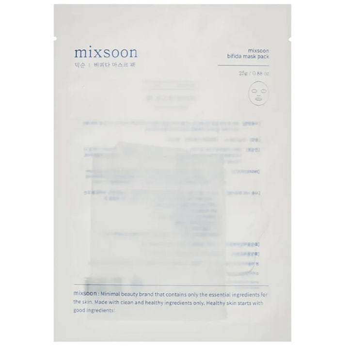 mixsoon Bifida Mask Pack 25 g vahvistava kangasnaamio valkoisessa pussissa minimalistisella muotoilulla.