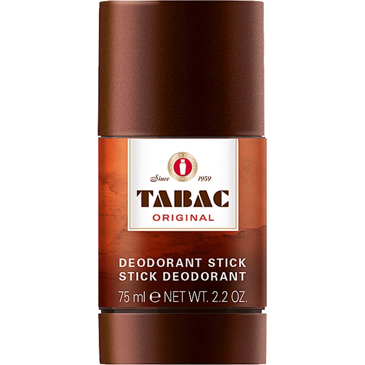 Tabac Original Deodorant Stick 75 ml raikkautta antava deodoranttihylsy ruskeassa pakkauksessa valkoisella etiketillä.