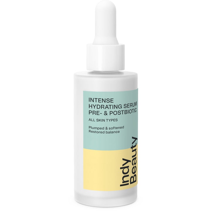 Indy Beauty Intense Hydrating Serum 30 ml kosteuttava seerumi huurteisessa valkoisessa lasipullossa jossa on pipetti.