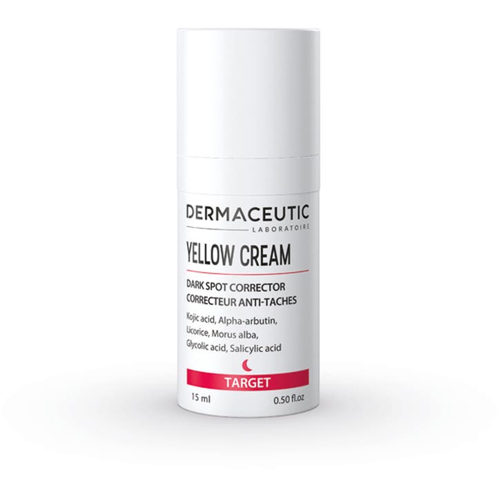 Dermaceutic Yellow Cream 15 ml pigmenttiläiskiä vaalentava voide valkoisessa sylinterinmuotoisessa pumppupullossa.