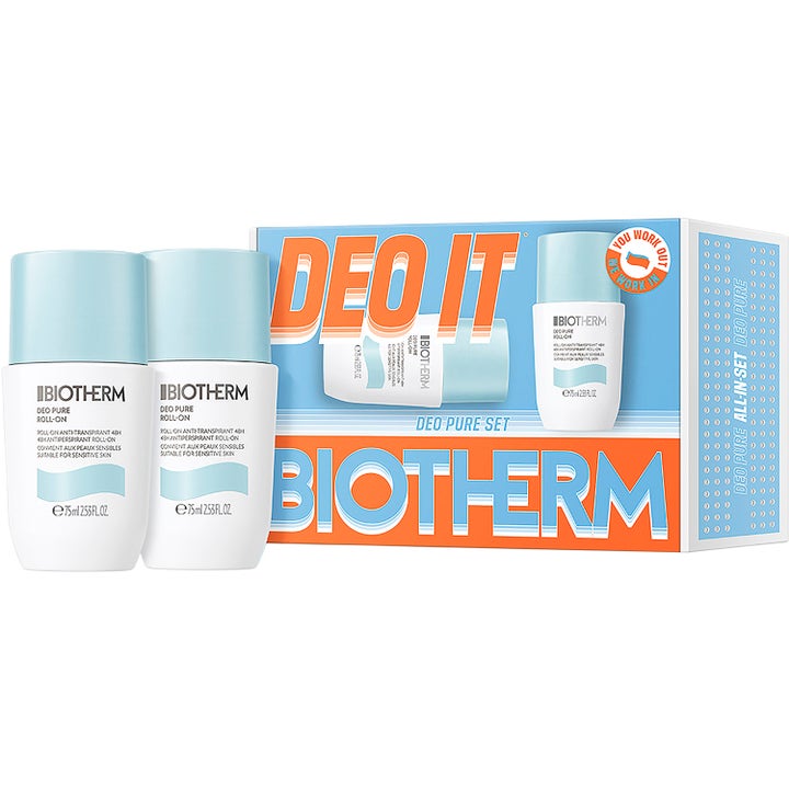 Biotherm Deo Pure Roll-On 2 x 75 ml antiperspirantti herkälle iholle sisältää kaksi valkoista pulloa vaaleansinisillä korkeilla.
