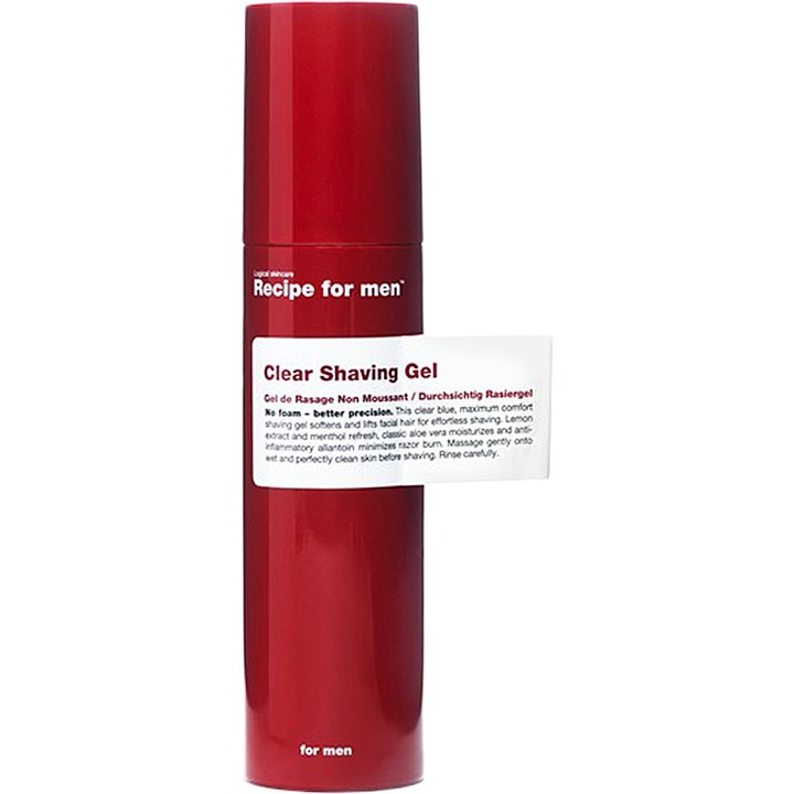 Recipe for men Clear Shaving Gel tarkka parranajogeeli punaisessa sylinterinmuotoisessa pullossa miesten ihonhoitoon.