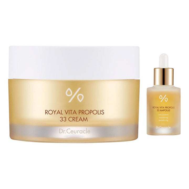 Dr. Ceuracle Royal Vita Propolis 33 Cream ja Ampoule ravitseva ihonhoitosetti kultaisissa lasipakkauksissa.