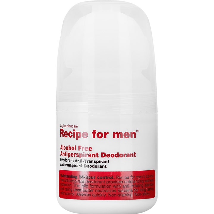 Recipe for men Alcohol Free Antiperspirant Deodorant hellävarainen roll-on kirkkaalla korkilla ja valkoisella hylsyllä.