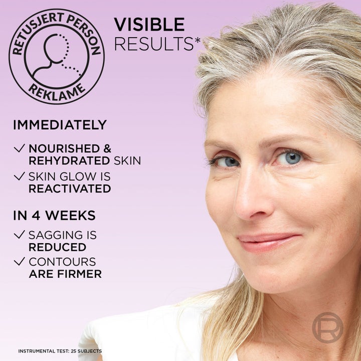 L'Oréal Paris Age Perfect Golden Age 50 ml yövoide, jossa nainen ja tekstiä näkyvistä kiinteyttävistä tuloksista.