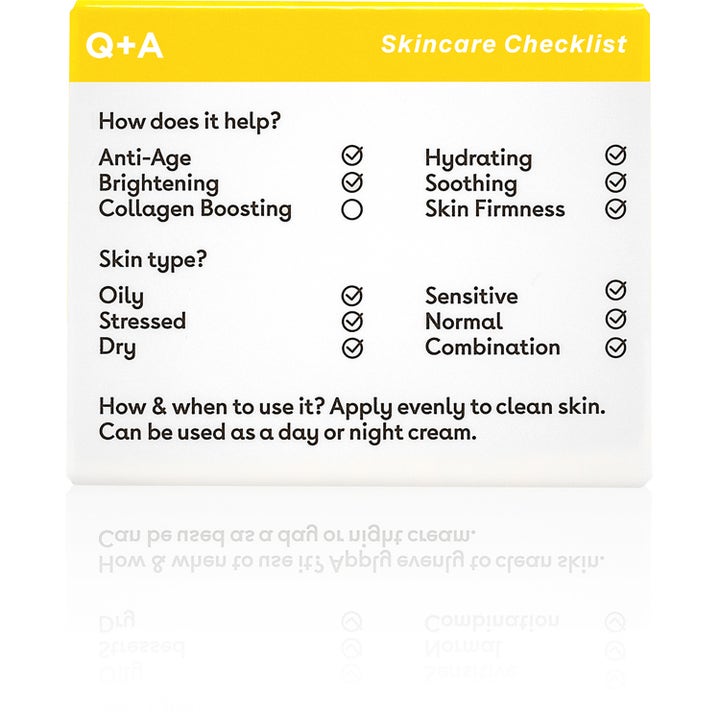 Q+A Ceramide Defence Face Cream 50 g kosteuttava kasvovoide ja pakkauksen Skincare Checklist -lista.