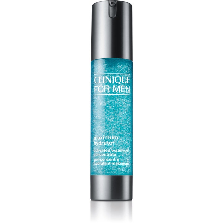 Clinique For Men Maximum Hydrator Activated Water-Gel Concentrate tehokosteuttava sininen geeli kirkkaassa pumppupullossa.