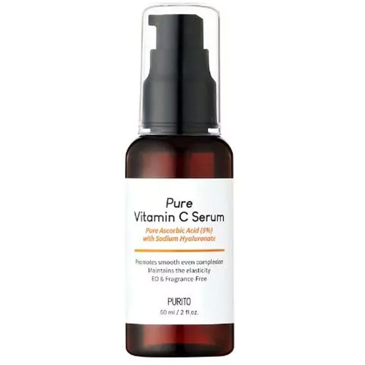Purito Pure Vitamin C Serum 60 ml heleyttävä kasvoseerumi ruskeassa pumppupullossa, jossa on valkoinen etiketti.