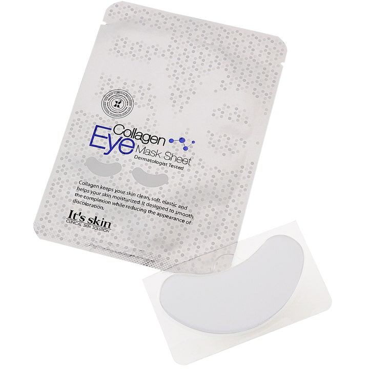 It'S SKIN Eye mask sheet Collagen 3 g kosteuttava silmänympärysnaamio harmaassa pussissa ja valkoinen hoitolappu.