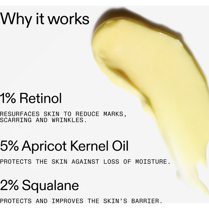 The INKEY List Retinol Serum 30 ml silottava seerumi, kermainen koostumus sisältää 1 % retinolila ja skvalaania.