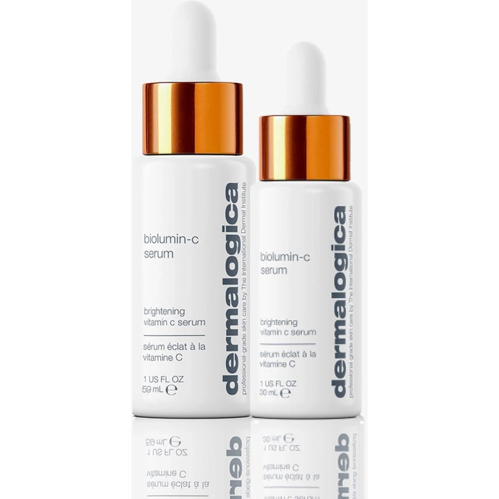Dermalogica Biolumin-C Serum 30 ml ja 59 ml heleyttävä C-vitamiiniseerumi valkoisissa oranssikorkkisissa pulloissa