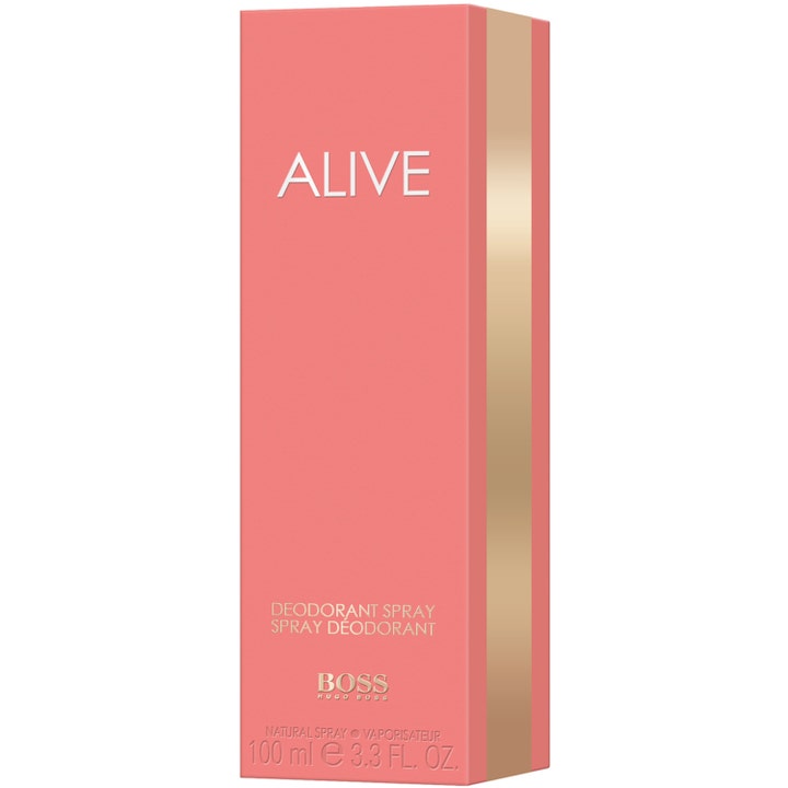 Hugo Boss Alive Deo Spray 100 ml raikastava naisten deospray vaaleanpunaisessa pahvipakkauksessa kultaisella raidalla.