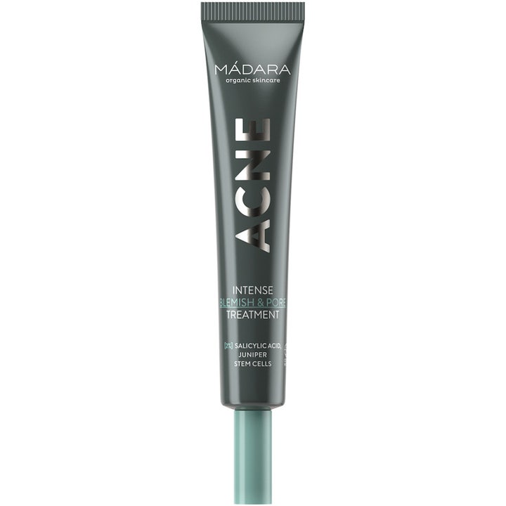Mádara ACNE Intense Blemish & Pore Treatment aknevoide puhdistaa ihohuokosia harmaassa tuubissa mintunvihreällä korkilla.