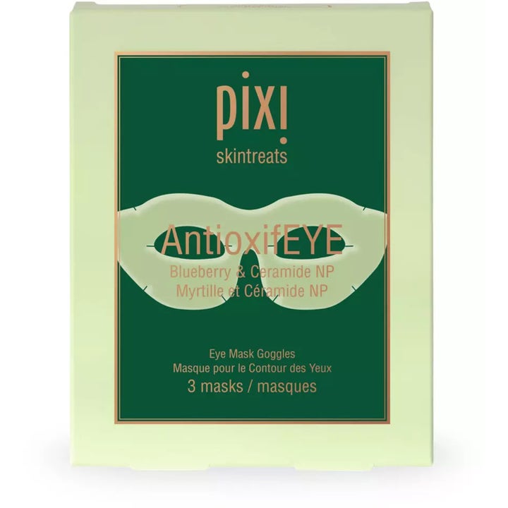 Pixi AntioxifEYE 3 kpl kirkastava silmänympärysnaamio vaaleanvihreässä rasiassa jossa on kuva vihreistä maskeista.
