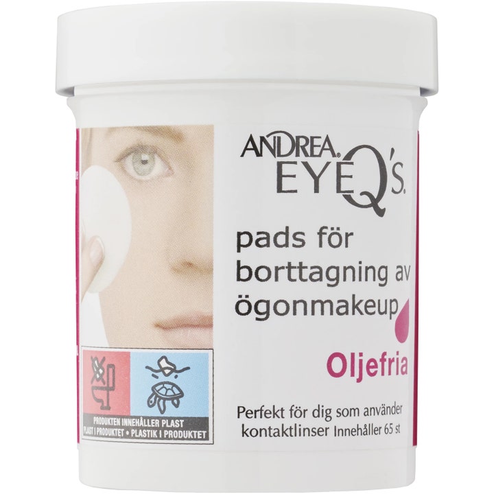 Andrea Eye Q's 65 kpl öljyttömät meikinpuhdistuslaput valkoisessa purkissa jossa on kuva silmämeikin poistosta.